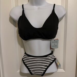 Shade & Shore Black and White Bikini with Striped Bottoms